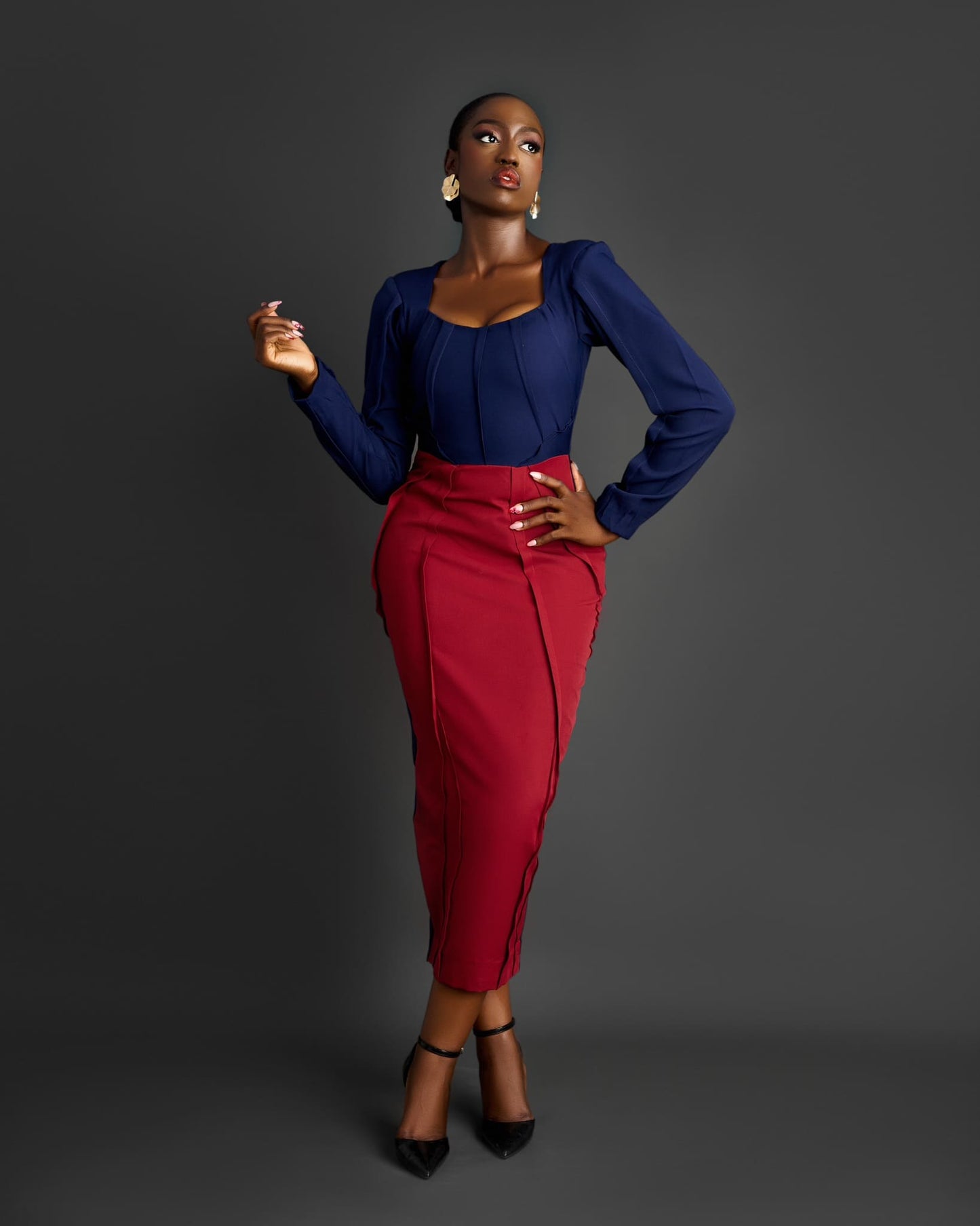 ASHLEY 2 tone DRESS (NavyBlue/Burgundy)