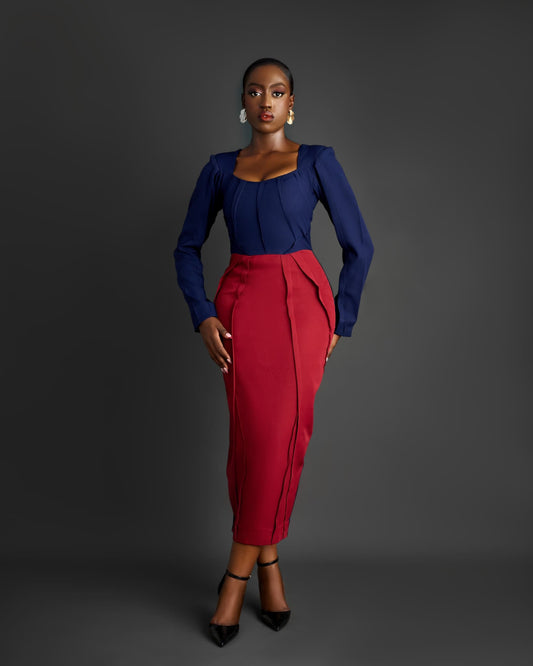 ASHLEY 2 tone DRESS (NavyBlue/Burgundy)